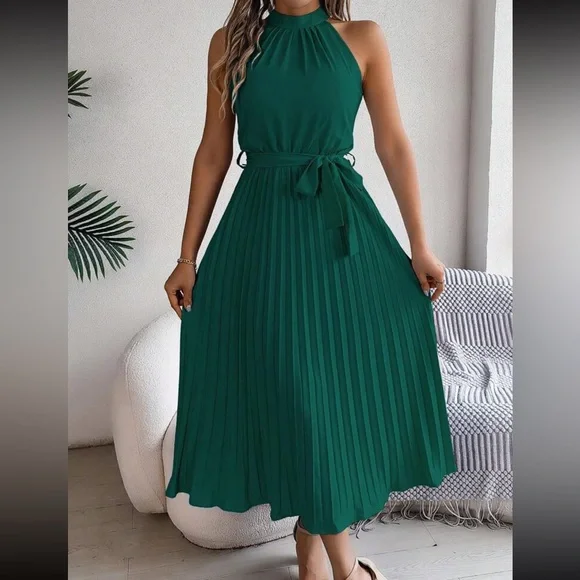 green emerald velvet dress Sweet Like You Layers Pleated Halter Dress Champagne / Large main image 1